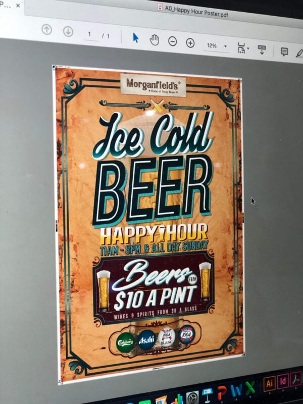 A computer screen displaying the digital proof of a vintage-style happy hour poster for Morganfield's, designed as an A0 PDF file ready for large format printing.