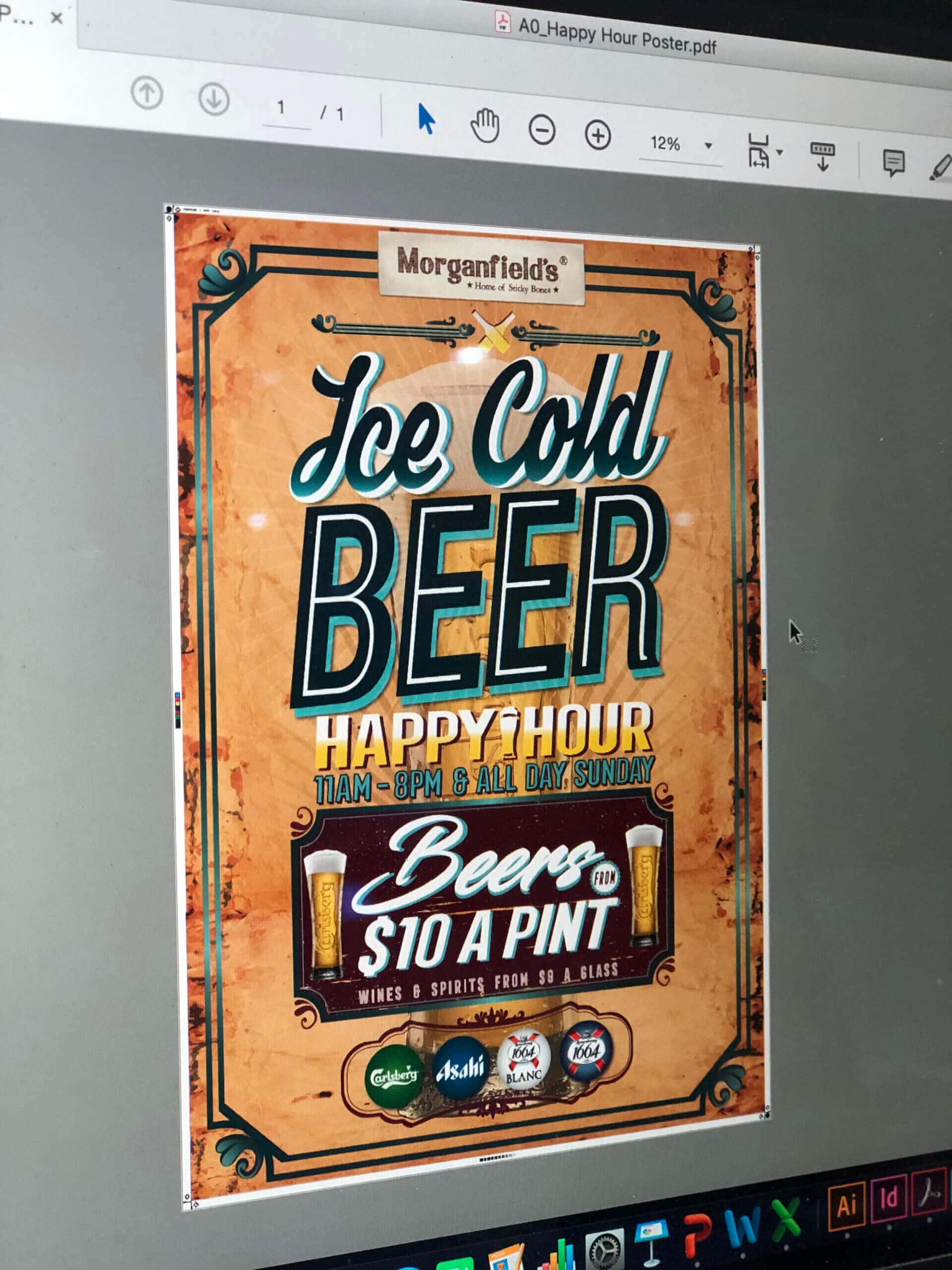 A computer screen displaying the digital proof of a vintage-style happy hour poster for Morganfield's, designed as an A0 PDF file ready for large format printing.