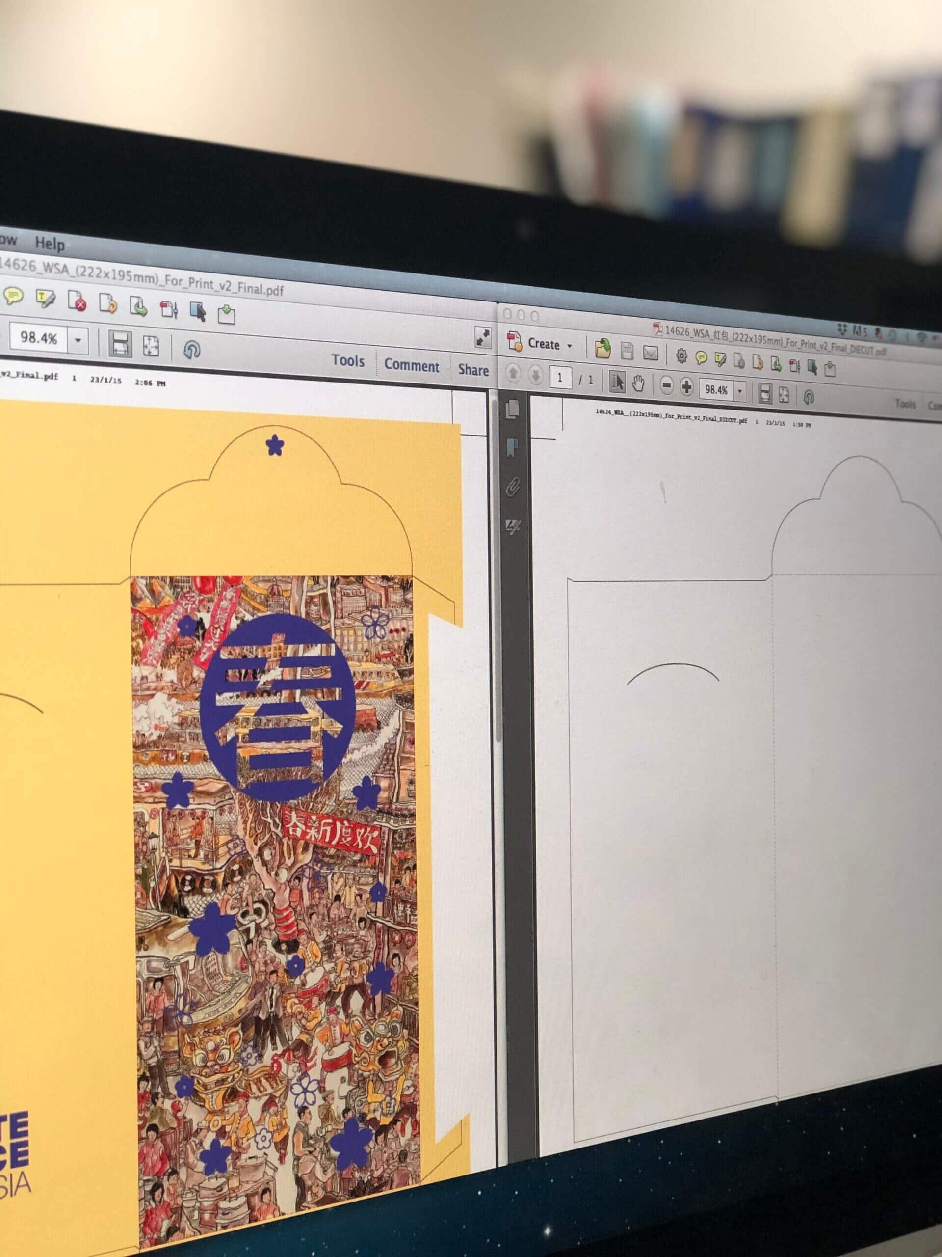 A pre-press designer's computer screen showing a digital proof, with the full-color artwork for a festive envelope on the left and its corresponding die-cut template on the right.