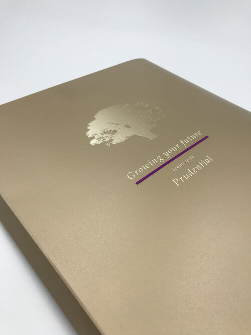 An elegant gold presentation folder for Prudential, showcasing the high-quality finish of a metallic tree logo and text created with UV printing and gold foil stamping.