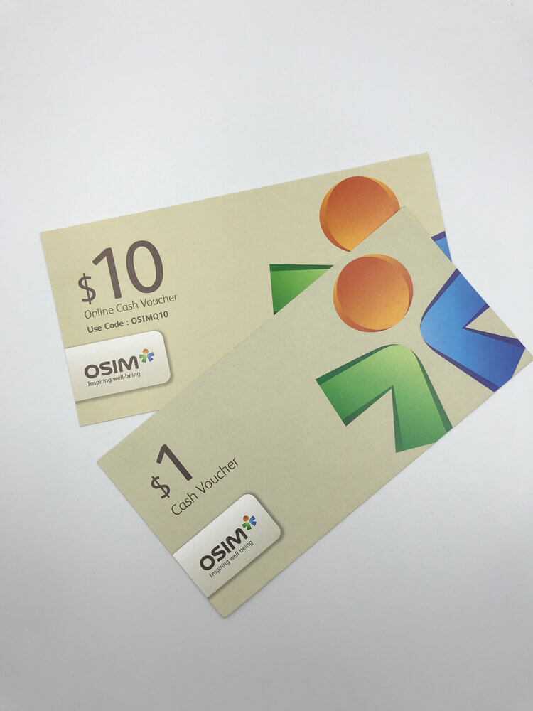 An example of variable data printing on two custom OSIM cash vouchers, with each piece printed with a different value $10 and $1 and a unique online code on the ten-dollar voucher.
