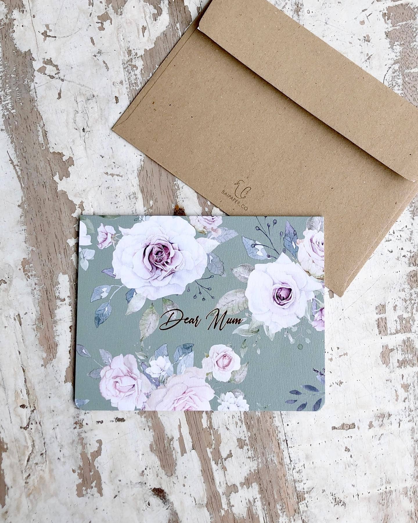 dear-mum-rose-sage-card-1 A beautiful 'Dear Mum' greeting card with a vintage floral rose design