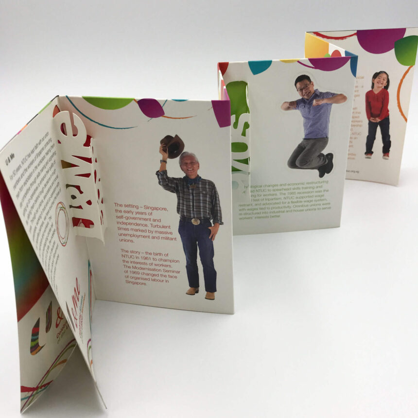 A creative corporate brochure with an accordion fold and intricate die-cut elements, featuring photos and text on each panel for an interactive experience.