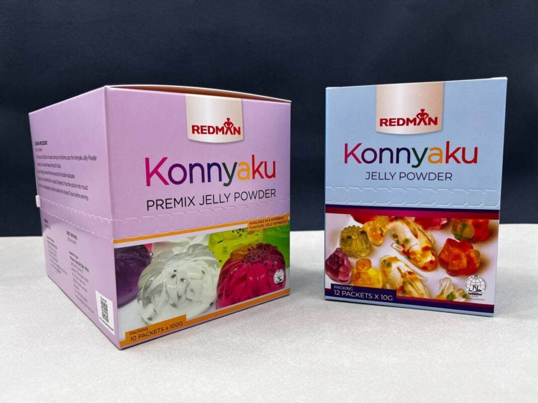 Two different custom-printed retail boxes for Redman's Konnyaku Jelly Powder, a larger pink premix box and a smaller blue box, showcasing effective product packaging design