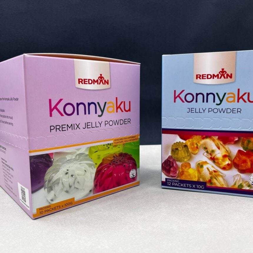 Two different custom-printed retail boxes for Redman's Konnyaku Jelly Powder, a larger pink premix box and a smaller blue box, showcasing effective product packaging design