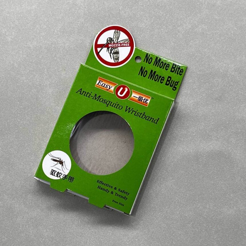 The green retail packaging for an Easy U Anti-Mosquito Wristband, featuring a custom die-cut window to display the product