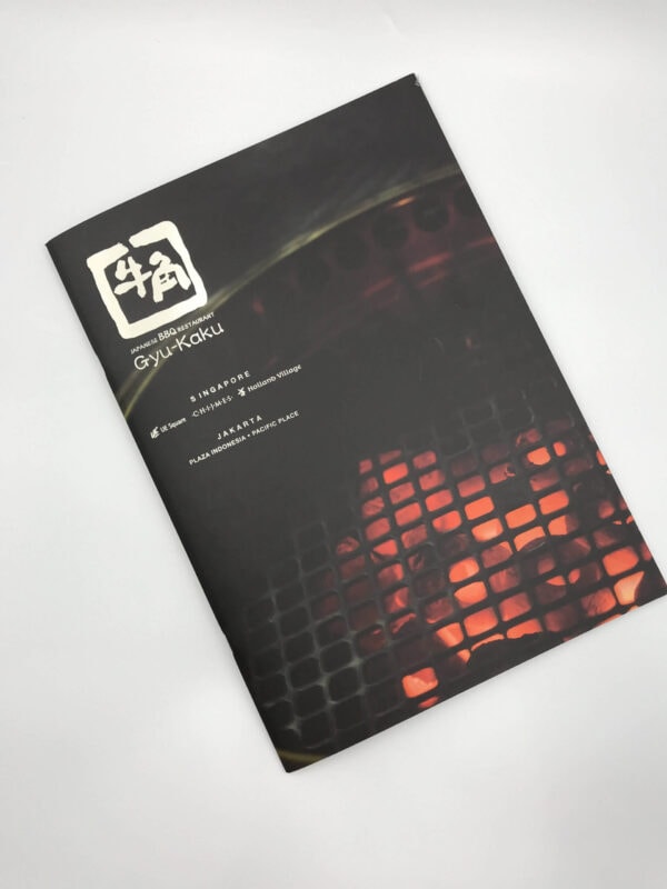 The cover of a professionally printed brochure for Gyu-Kaku Japanese BBQ Restaurant