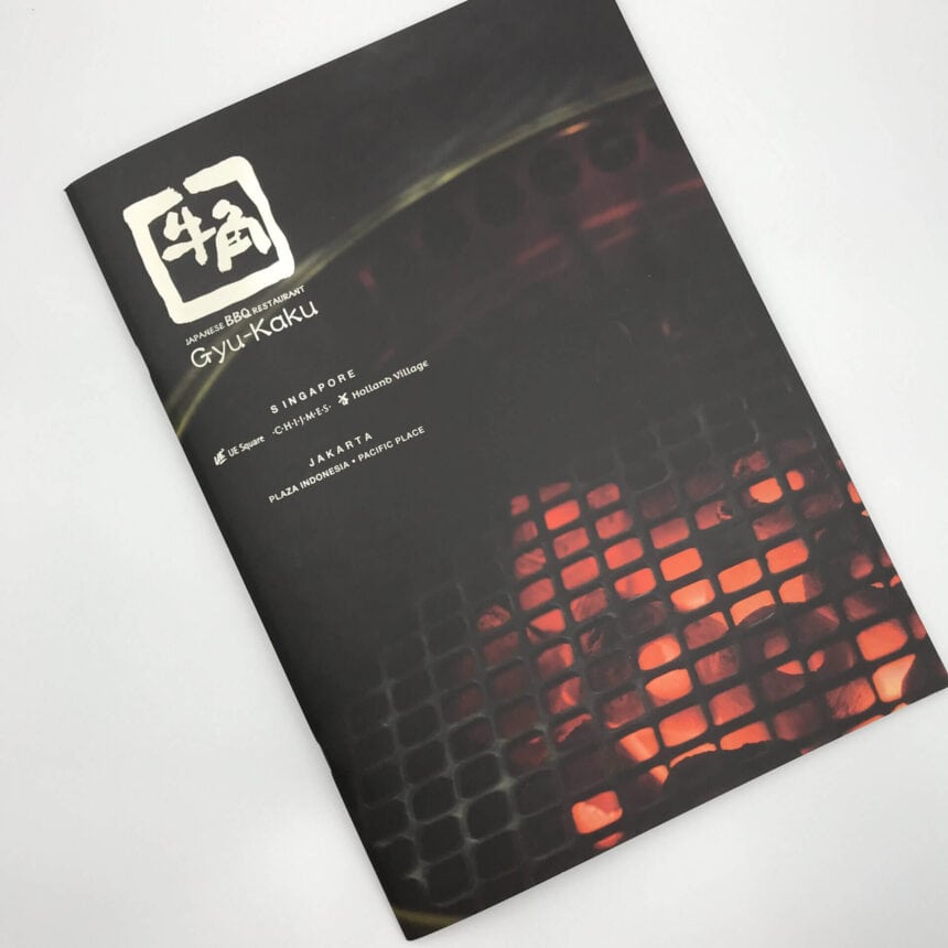 The cover of a professionally printed brochure for Gyu-Kaku Japanese BBQ Restaurant
