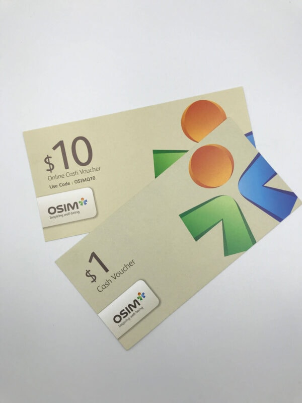 An example of variable data printing on two custom OSIM cash vouchers