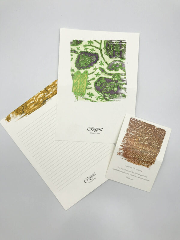 A set of custom-printed hotel stationery for Regent Singapore