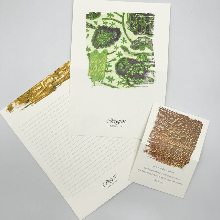 A set of custom-printed hotel stationery for Regent Singapore
