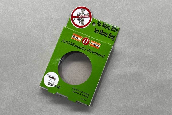 The green retail packaging for an Easy U Anti-Mosquito Wristband, featuring a custom die-cut window to display the product
