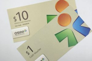An example of variable data printing on two custom OSIM cash vouchers