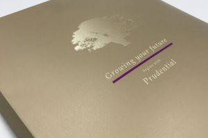 An elegant gold presentation folder for Prudential, showcasing the high-quality finish of a metallic tree logo and text created with UV printing and gold foil stamping.